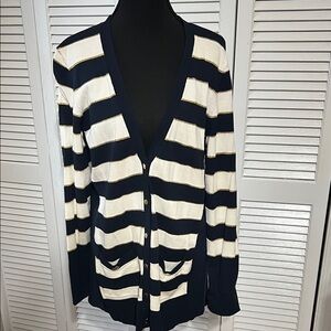 Striped Navy and White Women's Cardigan Sweater
